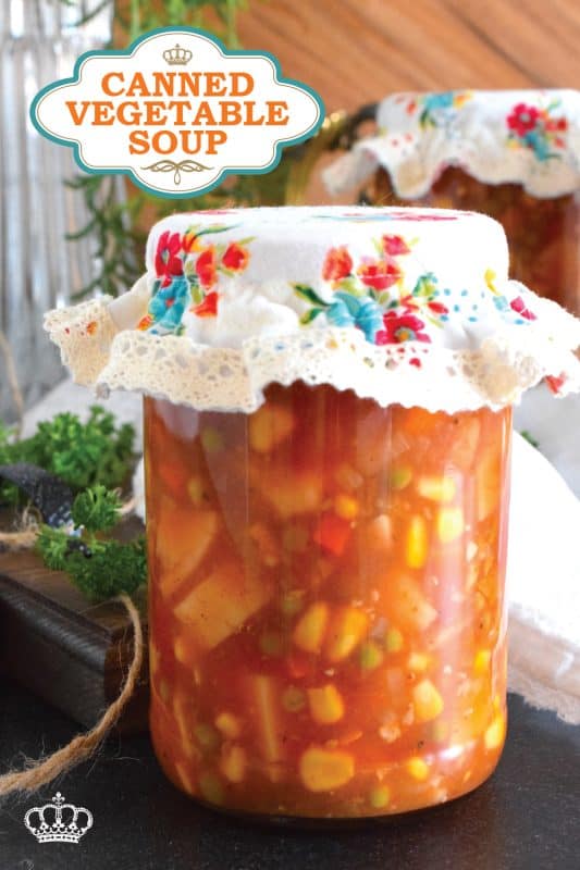 This soup is hearty and filling! Canned Vegetable Soup is in fact more like a stew than a soup! It has a dense, homestyle tomato flavour combined with lots of fresh and good-for-you vegetables too. This recipe is prepared with canning instructions for long-terms pantry storage, but you can make this soup without canning it as well! #vegetable #vegetablesoup #soup #canning #preserved #pantry #pressurecanned