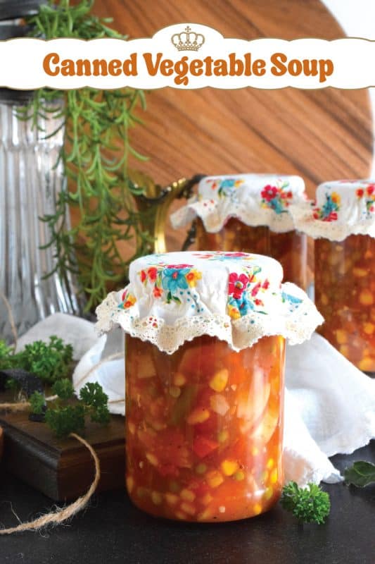 This soup is hearty and filling! Canned Vegetable Soup is in fact more like a stew than a soup! It has a dense, homestyle tomato flavour combined with lots of fresh and good-for-you vegetables too. This recipe is prepared with canning instructions for long-terms pantry storage, but you can make this soup without canning it as well! #vegetable #vegetablesoup #soup #canning #preserved #pantry #pressurecanned