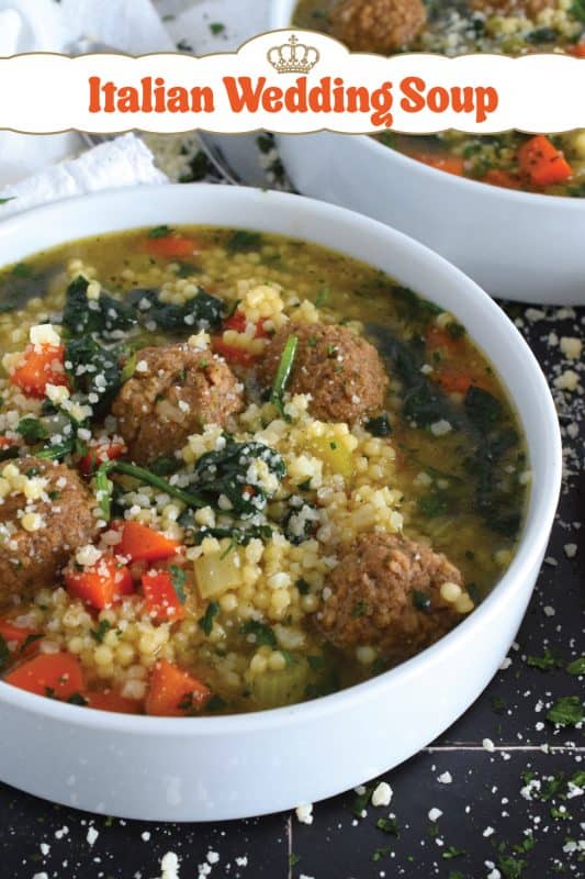 This rich and savoury soup is both hearty and comforting.  Prepared with aromatic vegetables, fresh spinach leaves, pasta, and meatballs, it's a nutrient-heavy soup that the whole family will love.  Serve this soup with good crusty bread and a generous sprinkling of freshly grated parmesan cheese! #soup #Italian #wedding #italianwedding #meatballs #pasta
