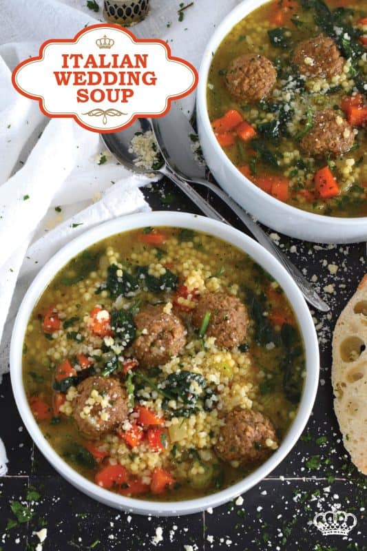 This rich and savoury soup is both hearty and comforting.  Prepared with aromatic vegetables, fresh spinach leaves, pasta, and meatballs, it's a nutrient-heavy soup that the whole family will love.  Serve this soup with good crusty bread and a generous sprinkling of freshly grated parmesan cheese! #soup #Italian #wedding #italianwedding #meatballs #pasta