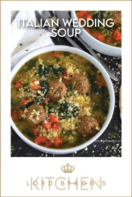 This rich and savoury soup is both hearty and comforting.  Prepared with aromatic vegetables, fresh spinach leaves, pasta, and meatballs, it's a nutrient-heavy soup that the whole family will love.  Serve this soup with good crusty bread and a generous sprinkling of freshly grated parmesan cheese! #soup #Italian #wedding #italianwedding #meatballs #pasta