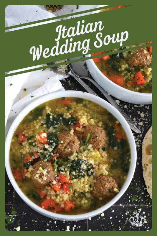 This rich and savoury soup is both hearty and comforting.  Prepared with aromatic vegetables, fresh spinach leaves, pasta, and meatballs, it's a nutrient-heavy soup that the whole family will love.  Serve this soup with good crusty bread and a generous sprinkling of freshly grated parmesan cheese! #soup #Italian #wedding #italianwedding #meatballs #pasta