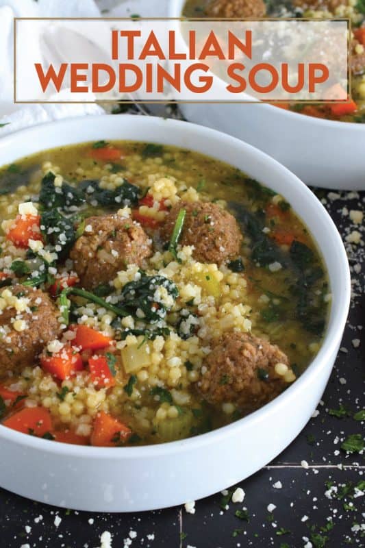 This rich and savoury soup is both hearty and comforting.  Prepared with aromatic vegetables, fresh spinach leaves, pasta, and meatballs, it's a nutrient-heavy soup that the whole family will love.  Serve this soup with good crusty bread and a generous sprinkling of freshly grated parmesan cheese! #soup #Italian #wedding #italianwedding #meatballs #pasta