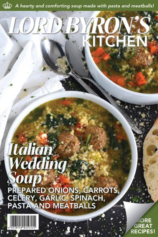 This rich and savoury soup is both hearty and comforting.  Prepared with aromatic vegetables, fresh spinach leaves, pasta, and meatballs, it's a nutrient-heavy soup that the whole family will love.  Serve this soup with good crusty bread and a generous sprinkling of freshly grated parmesan cheese! #soup #Italian #wedding #italianwedding #meatballs #pasta