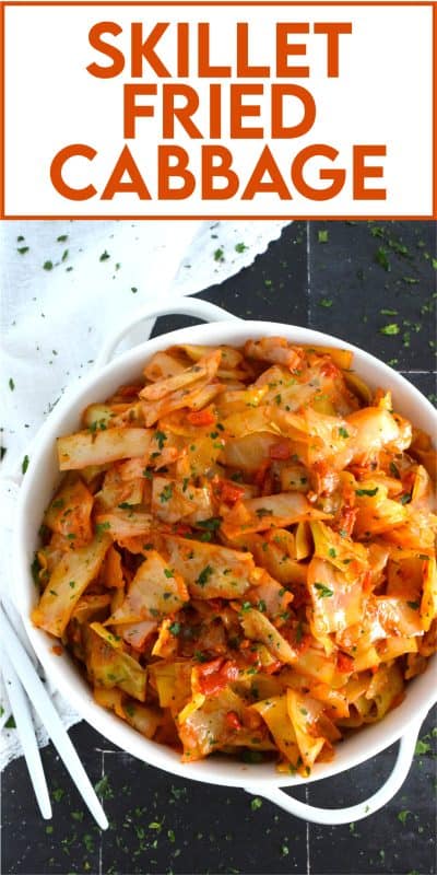 A healthy and delicious side, Skillet Fried Cabbage is super flavourful and uses the most basic ingredients to create a filling and hearty dish! Combining aromatics like onion and garlic with tomato paste and roasted bell peppers, guarantees a quick and easy weeknight side that everyone will love! #cabbage #skillet #fried #side #vegetarian