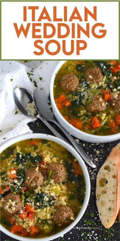 This rich and savoury soup is both hearty and comforting.  Prepared with aromatic vegetables, fresh spinach leaves, pasta, and meatballs, it's a nutrient-heavy soup that the whole family will love.  Serve this soup with good crusty bread and a generous sprinkling of freshly grated parmesan cheese! #soup #Italian #wedding #italianwedding #meatballs #pasta