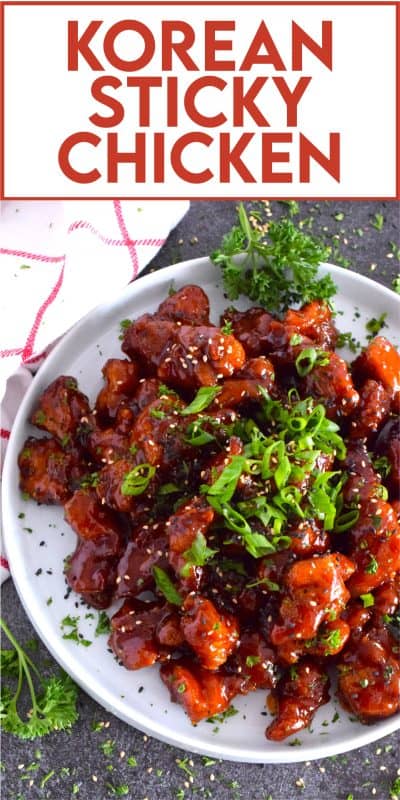 Korean Sticky Chicken is a crispy fried chicken in a thick, sweet, savoury, and spicy sauce; this recipe is most certainly for the sticky and spicy food lover. Prepared with a light and crispy coating and tossed in a quick, homemade sauce, this chicken is super flavourful! #gochujang #korean #sticky #spicy #chicken #friedchicken
