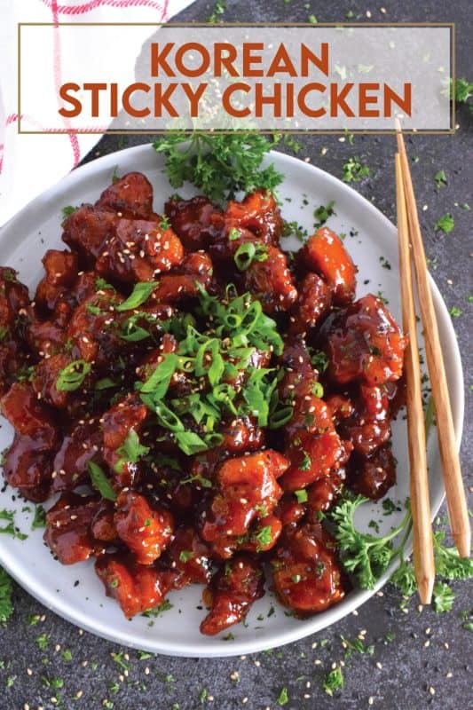 Korean Sticky Chicken is a crispy fried chicken in a thick, sweet, savoury, and spicy sauce; this recipe is most certainly for the sticky and spicy food lover. Prepared with a light and crispy coating and tossed in a quick, homemade sauce, this chicken is super flavourful! #gochujang #korean #sticky #spicy #chicken #friedchicken