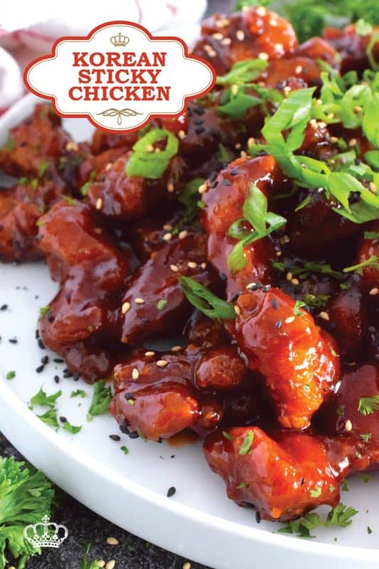 Korean Sticky Chicken is a crispy fried chicken in a thick, sweet, savoury, and spicy sauce; this recipe is most certainly for the sticky and spicy food lover. Prepared with a light and crispy coating and tossed in a quick, homemade sauce, this chicken is super flavourful! #gochujang #korean #sticky #spicy #chicken #friedchicken