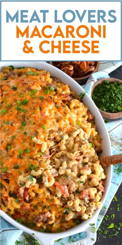 Creamy and cheesy macaroni and cheese is always a hit, but why not make it even better with the addition of three different meats?  Meat Lovers Macaroni and Cheese is loaded with ground beef, ground pork, and crumbled bacon for maximum flavour! #macandcheese #macaroni #cheese #pasta #meatlovers #meat #sausage #beef #bacon