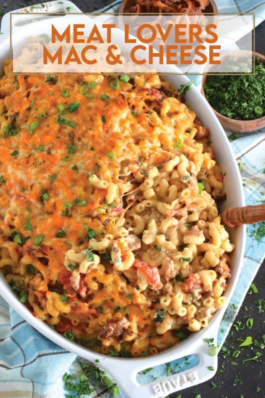 Creamy and cheesy macaroni and cheese is always a hit, but why not make it even better with the addition of three different meats?  Meat Lovers Macaroni and Cheese is loaded with ground beef, ground pork, and crumbled bacon for maximum flavour! #macandcheese #macaroni #cheese #pasta #meatlovers #meat #sausage #beef #bacon