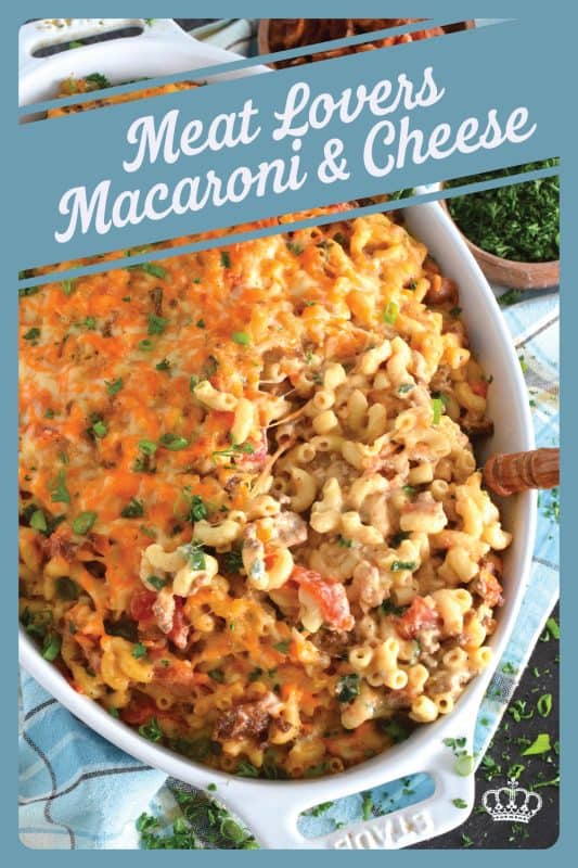 Creamy and cheesy macaroni and cheese is always a hit, but why not make it even better with the addition of three different meats?  Meat Lovers Macaroni and Cheese is loaded with ground beef, ground pork, and crumbled bacon for maximum flavour! #macandcheese #macaroni #cheese #pasta #meatlovers #meat #sausage #beef #bacon