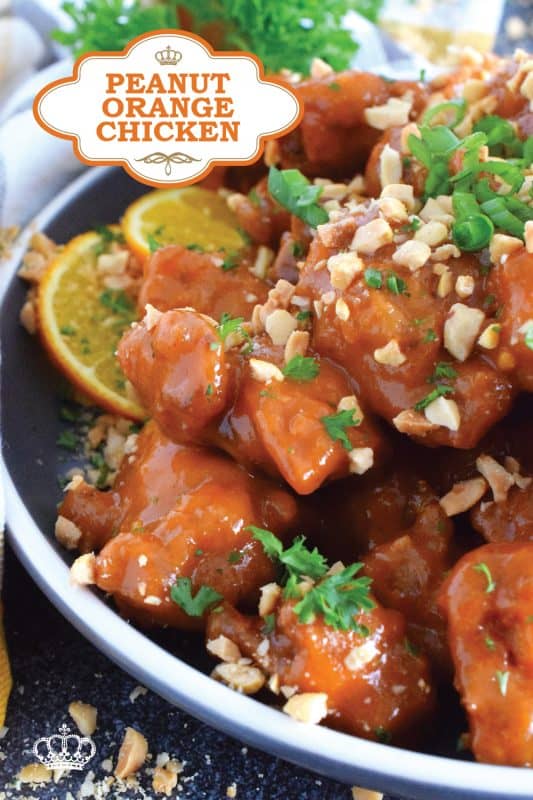 A quick and easy main perfect for a weeknight dinner at in busy household, this sweet and savoury Peanut Orange Chicken is ready to plate and serve in 45 minutes!  The bold flavours in this chicken should shine, so serve it with plain cooked rice and steamed broccoli! #peanut #orange #chicken #orangechicken #deepfried #friedchicken