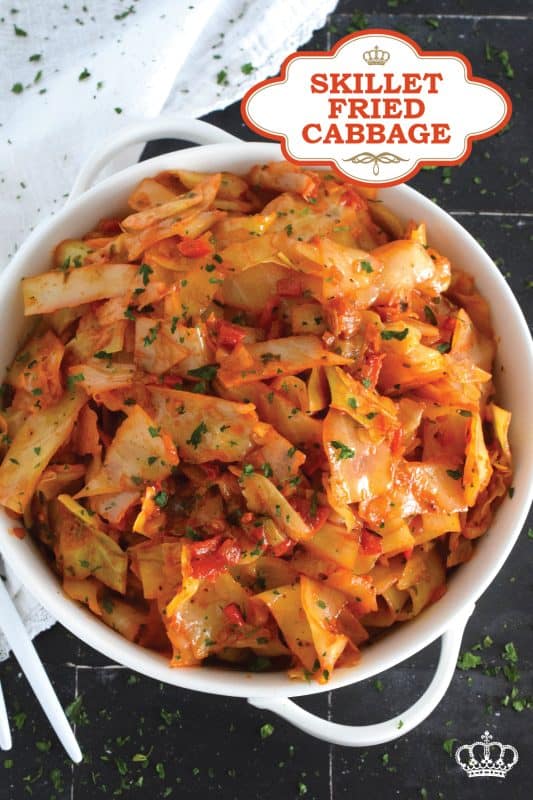 A healthy and delicious side, Skillet Fried Cabbage is super flavourful and uses the most basic ingredients to create a filling and hearty dish! Combining aromatics like onion and garlic with tomato paste and roasted bell peppers, guarantees a quick and easy weeknight side that everyone will love! #cabbage #skillet #fried #side #vegetarian