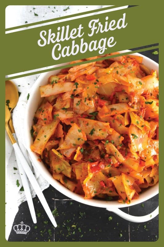 A healthy and delicious side, Skillet Fried Cabbage is super flavourful and uses the most basic ingredients to create a filling and hearty dish! Combining aromatics like onion and garlic with tomato paste and roasted bell peppers, guarantees a quick and easy weeknight side that everyone will love! #cabbage #skillet #fried #side #vegetarian