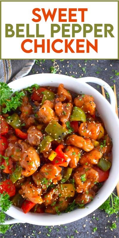 Sweet Bell Pepper Chicken is one of my favourite quick and easy weeknight chicken dinners! Boneless, skinless chicken thigh meat is deep fried and tossed with sauteed bell peppers in a homemade sweet and sour sauce. It cannot get any easier or any tastier! This chicken freezes and reheats well too, so double the recipe if you want leftovers! #bellpepper #chicken #sweet #sour #sweetandsour