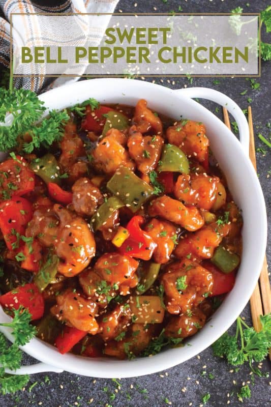Sweet Bell Pepper Chicken is one of my favourite quick and easy weeknight chicken dinners! Boneless, skinless chicken thigh meat is deep fried and tossed with sauteed bell peppers in a homemade sweet and sour sauce. It cannot get any easier or any tastier! This chicken freezes and reheats well too, so double the recipe if you want leftovers! #bellpepper #chicken #sweet #sour #sweetandsour
