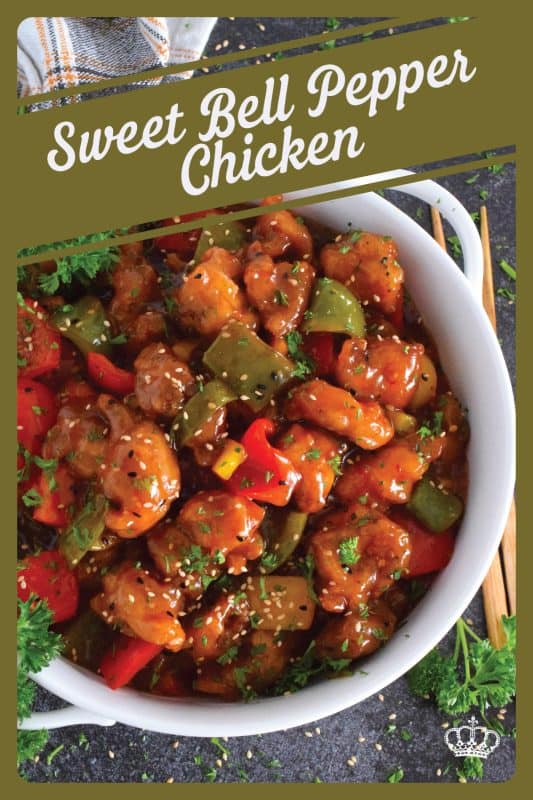 Sweet Bell Pepper Chicken is one of my favourite quick and easy weeknight chicken dinners! Boneless, skinless chicken thigh meat is deep fried and tossed with sauteed bell peppers in a homemade sweet and sour sauce. It cannot get any easier or any tastier! This chicken freezes and reheats well too, so double the recipe if you want leftovers! #bellpepper #chicken #sweet #sour #sweetandsour
