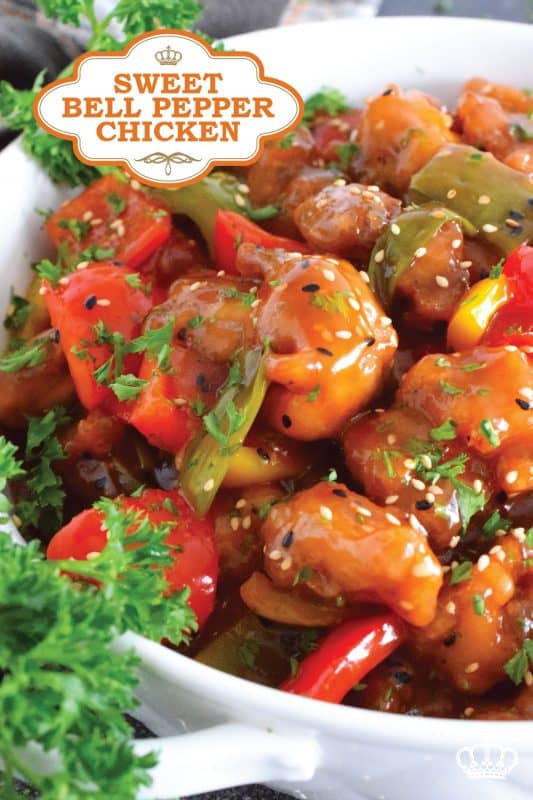 Sweet Bell Pepper Chicken is one of my favourite quick and easy weeknight chicken dinners! Boneless, skinless chicken thigh meat is deep fried and tossed with sauteed bell peppers in a homemade sweet and sour sauce. It cannot get any easier or any tastier! This chicken freezes and reheats well too, so double the recipe if you want leftovers! #bellpepper #chicken #sweet #sour #sweetandsour