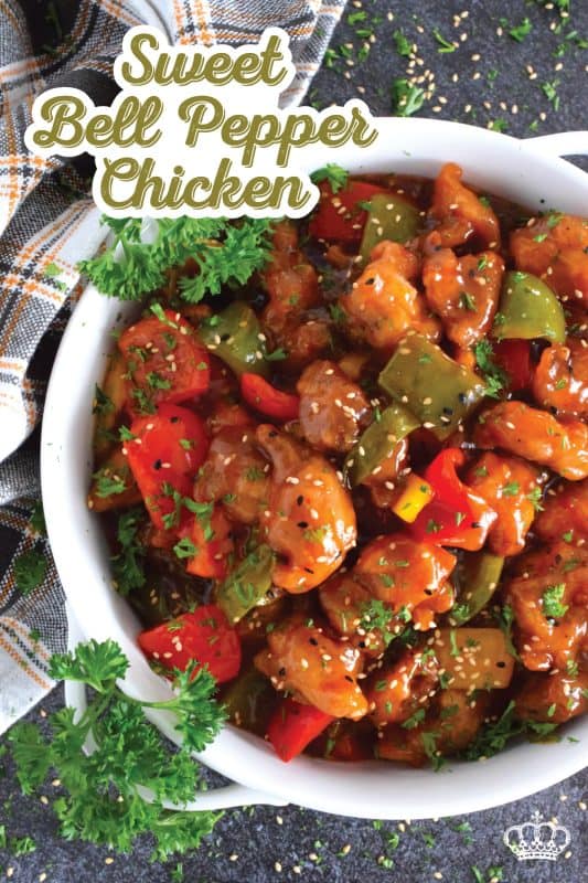 Sweet Bell Pepper Chicken is one of my favourite quick and easy weeknight chicken dinners! Boneless, skinless chicken thigh meat is deep fried and tossed with sauteed bell peppers in a homemade sweet and sour sauce. It cannot get any easier or any tastier! This chicken freezes and reheats well too, so double the recipe if you want leftovers! #bellpepper #chicken #sweet #sour #sweetandsour