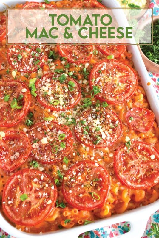 In this easy to prepare Tomato Macaroni and Cheese recipe, a classic roux is paired with fresh diced tomatoes, marinara sauce, and tomato paste, along with copius amounts of shredded cheddar cheese. Baked to perfection and topped with seasoned sliced tomatoes, this dish is absolute perfection! #macandcheese #tomatoes #macaroni #cheese #pasta