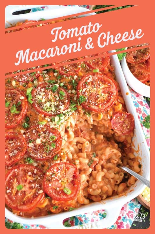 In this easy to prepare Tomato Macaroni and Cheese recipe, a classic roux is paired with fresh diced tomatoes, marinara sauce, and tomato paste, along with copius amounts of shredded cheddar cheese. Baked to perfection and topped with seasoned sliced tomatoes, this dish is absolute perfection! #macandcheese #tomatoes #macaroni #cheese #pasta