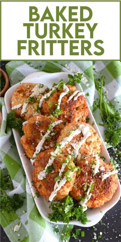 Healthy and protein-packed, these light and fluffy Baked Turkey Fritters are so easy to prepare! Loaded with green onions and cheddar cheese, these fritters can be served as a side or as a main paired with a simple side salad. Oh, and they're baked not fried! #turkey #leftover #fritters #bakednotfried #cookedturkey