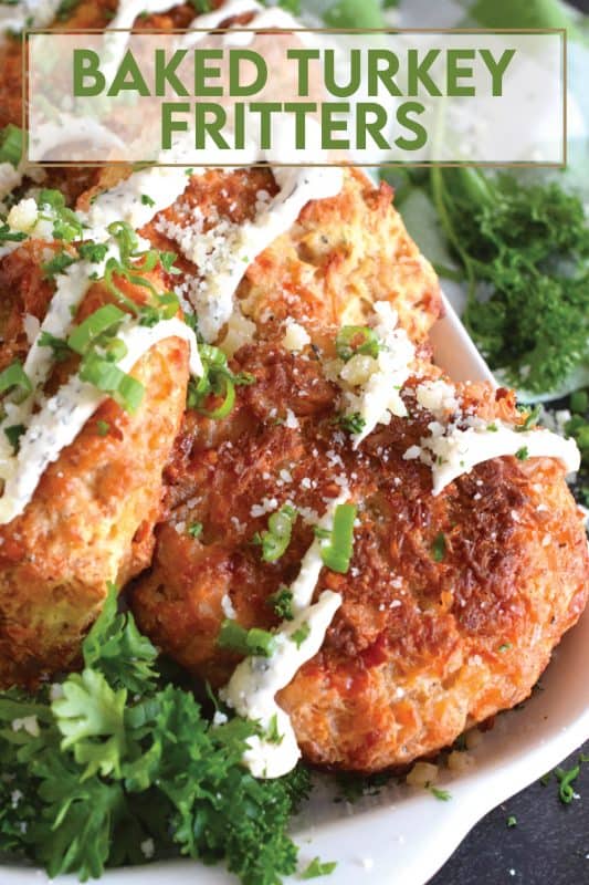 Healthy and protein-packed, these light and fluffy Baked Turkey Fritters are so easy to prepare! Loaded with green onions and cheddar cheese, these fritters can be served as a side or as a main paired with a simple side salad. Oh, and they're baked not fried! #turkey #leftover #fritters #bakednotfried #cookedturkey