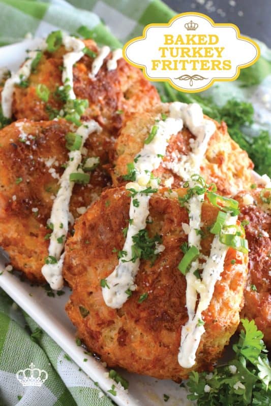 Healthy and protein-packed, these light and fluffy Baked Turkey Fritters are so easy to prepare! Loaded with green onions and cheddar cheese, these fritters can be served as a side or as a main paired with a simple side salad. Oh, and they're baked not fried! #turkey #leftover #fritters #bakednotfried #cookedturkey