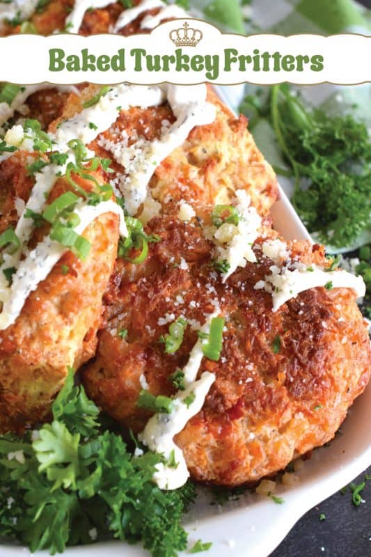 Healthy and protein-packed, these light and fluffy Baked Turkey Fritters are so easy to prepare! Loaded with green onions and cheddar cheese, these fritters can be served as a side or as a main paired with a simple side salad. Oh, and they're baked not fried! #turkey #leftover #fritters #bakednotfried #cookedturkey