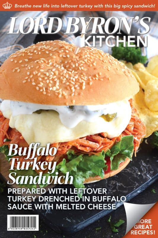 Leftover turkey never tasted so good! Shredded leftover turkey is tossed in a buffalo sauce and piled high onto your favourite sandwich bread or bun.  Topped with melted cheese and dill pickles, this Buffalo Turkey Sandwich is simple, quick, and easy, yet it tastes absolutely incredible!  #buffalo #turkey #leftover #sandwich