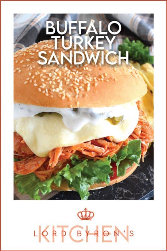 Leftover turkey never tasted so good! Shredded leftover turkey is tossed in a buffalo sauce and piled high onto your favourite sandwich bread or bun.  Topped with melted cheese and dill pickles, this Buffalo Turkey Sandwich is simple, quick, and easy, yet it tastes absolutely incredible!  #buffalo #turkey #leftover #sandwich