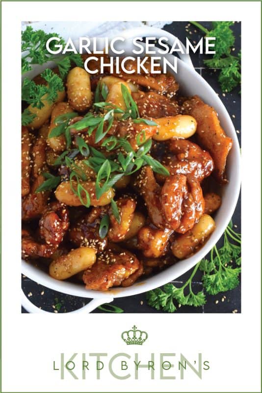 Dredged in a seasoned flour and pan-fried until golden brown, this chicken is tossed with a sweet and sticky garlic sesame sauce until thickened and glossy.  Optionally, add Korean rice cakes to make the dish stretch further or to make a heartier meal! #garlic #sesame #chicken #saucy #asian #ricecakes #tteok