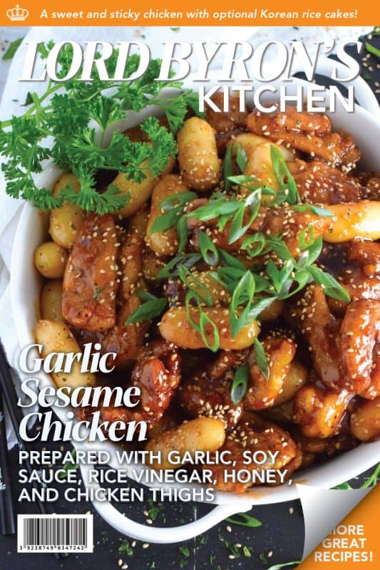 Dredged in a seasoned flour and pan-fried until golden brown, this chicken is tossed with a sweet and sticky garlic sesame sauce until thickened and glossy.  Optionally, add Korean rice cakes to make the dish stretch further or to make a heartier meal! #garlic #sesame #chicken #saucy #asian #ricecakes #tteok