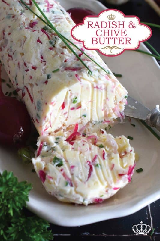 Liberally smear this Radish and Chive Butter onto lightly toasted bread or freshly baked scones.  Prepared with fresh ingredients and salted butter, it is an easy to make condiment that is quite delicious!  Place a small bowl of it on your next charcuterie board too! #radish #chive #butter #radishes