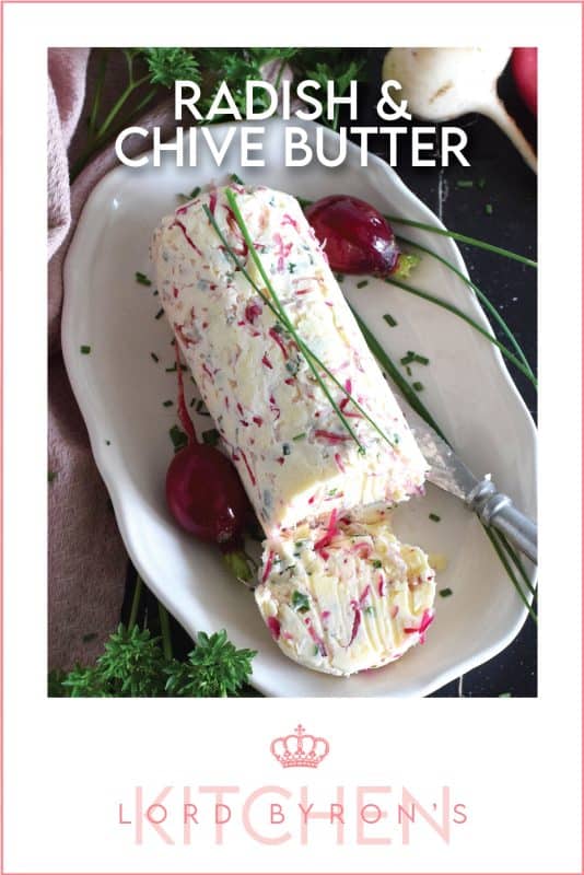Liberally smear this Radish and Chive Butter onto lightly toasted bread or freshly baked scones.  Prepared with fresh ingredients and salted butter, it is an easy to make condiment that is quite delicious!  Place a small bowl of it on your next charcuterie board too! #radish #chive #butter #radishes