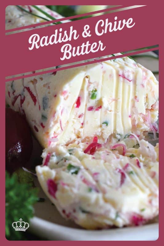 Liberally smear this Radish and Chive Butter onto lightly toasted bread or freshly baked scones.  Prepared with fresh ingredients and salted butter, it is an easy to make condiment that is quite delicious!  Place a small bowl of it on your next charcuterie board too! #radish #chive #butter #radishes