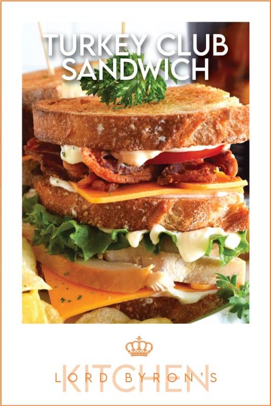 A classic restaurant-style club sandwich will never go out of style! Easily prepare these Turkey Club Sandwiches at home with leftover holiday turkey, crispy bacon slices, fresh lettuce and tomato, a good smear of mayonnaise, and some sliced sharp cheddar cheese! Everything is piled onto toasted sandwich bread and served with a side of potato chips and a pickle.  You can't beat it! #turkey #club #leftover #sandwich #clubsandwich #bacon