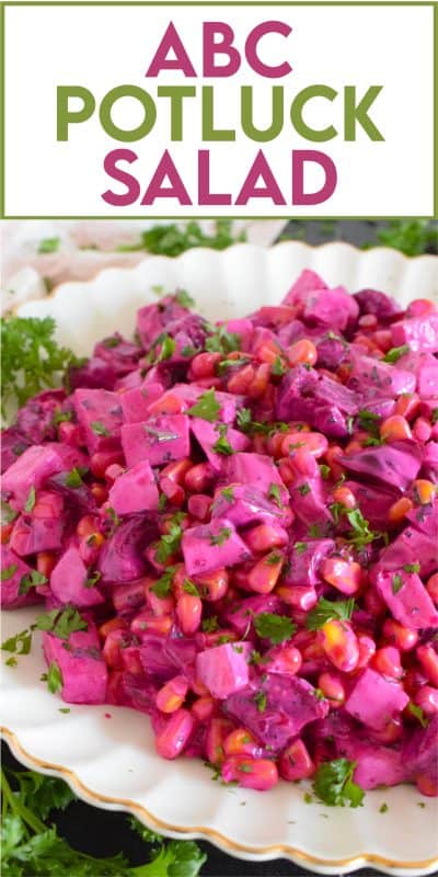 With just a few ingredients, ABC Potluck Salad is one of those great tasting recipes that gives you lots of bang for your buck!  Serve this salad cold or at room temperature at a potluck dinner or a backyard family summer barbecue! #corn #apple #beets #salad #newfoundland #newfie #potluck