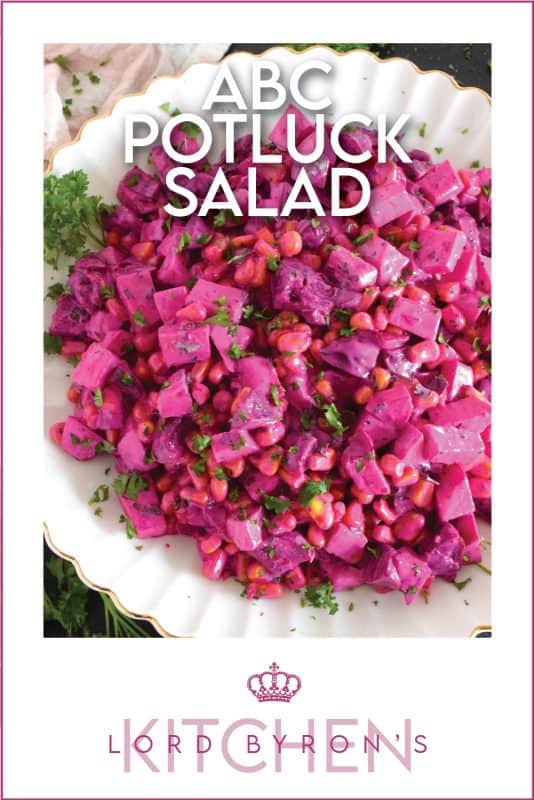 With just a few ingredients, ABC Potluck Salad is one of those great tasting recipes that gives you lots of bang for your buck!  Serve this salad cold or at room temperature at a potluck dinner or a backyard family summer barbecue! #corn #apple #beets #salad #newfoundland #newfie #potluck