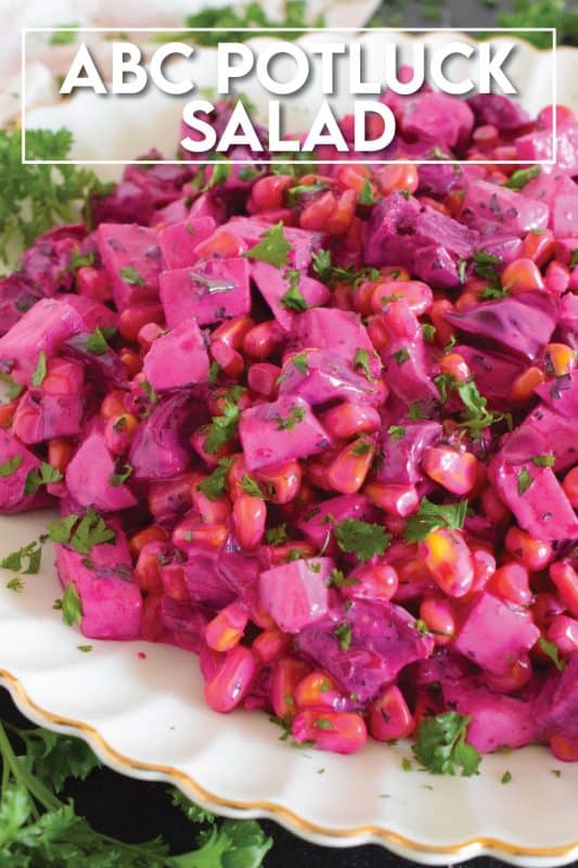 With just a few ingredients, ABC Potluck Salad is one of those great tasting recipes that gives you lots of bang for your buck!  Serve this salad cold or at room temperature at a potluck dinner or a backyard family summer barbecue! #corn #apple #beets #salad #newfoundland #newfie #potluck