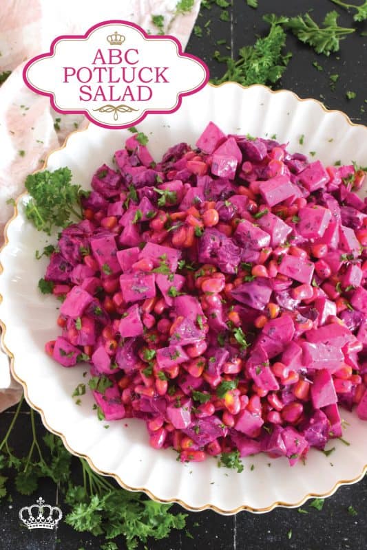 With just a few ingredients, ABC Potluck Salad is one of those great tasting recipes that gives you lots of bang for your buck!  Serve this salad cold or at room temperature at a potluck dinner or a backyard family summer barbecue! #corn #apple #beets #salad #newfoundland #newfie #potluck
