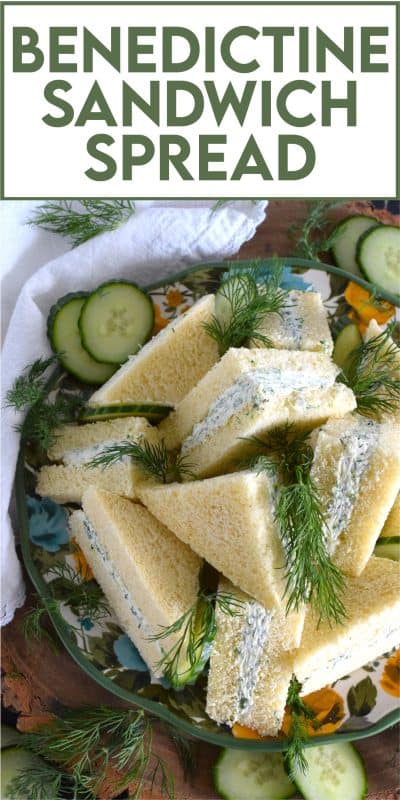 Invented near the end of the 19th century, Benedictine Sandwich Spread is made with finely grated cucumbers, cream cheese, mayonnaise, and fresh dill. It's delicious when spread liberally on tea sandwiches, but can also be used as a dip.  #benedictine #sandwich #spread #creamcheese #dill #cucumber #kentuckyderby