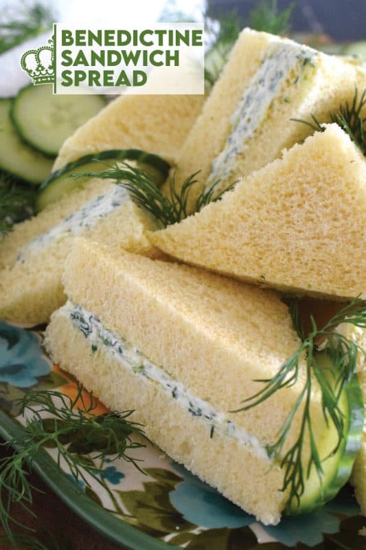 Invented near the end of the 19th century, Benedictine Sandwich Spread is made with finely grated cucumbers, cream cheese, mayonnaise, and fresh dill. It's delicious when spread liberally on tea sandwiches, but can also be used as a dip.  #benedictine #sandwich #spread #creamcheese #dill #cucumber #kentuckyderby