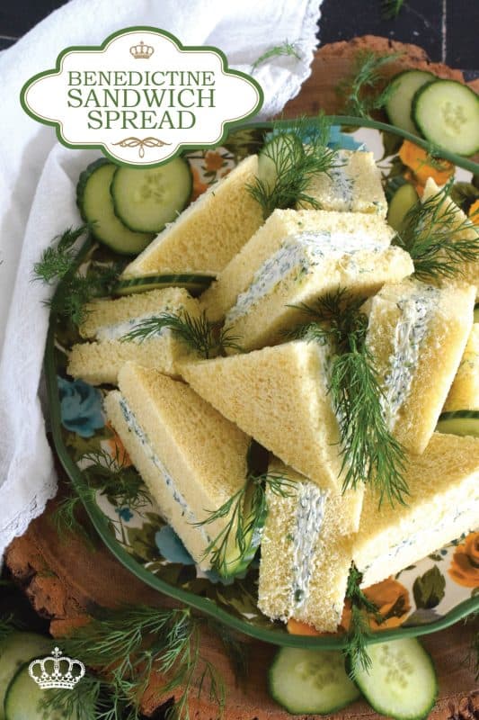 Invented near the end of the 19th century, Benedictine Sandwich Spread is made with finely grated cucumbers, cream cheese, mayonnaise, and fresh dill. It's delicious when spread liberally on tea sandwiches, but can also be used as a dip.  #benedictine #sandwich #spread #creamcheese #dill #cucumber #kentuckyderby