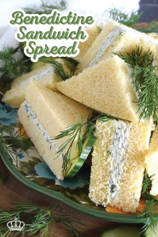Invented near the end of the 19th century, Benedictine Sandwich Spread is made with finely grated cucumbers, cream cheese, mayonnaise, and fresh dill. It's delicious when spread liberally on tea sandwiches, but can also be used as a dip.  #benedictine #sandwich #spread #creamcheese #dill #cucumber #kentuckyderby