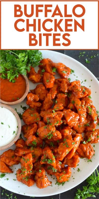 Dredged in a seasoned flour and fried until golden brown, Buffalo Chicken Bites are tossed with a quick and easy homemade buffalo sauce! Serve with your favourite ranch dipping sauce and veggies sticks. These are great as an appetizer for game day! #buffalo #buffalosauce #chicken #spicy #franks #bites #sauce