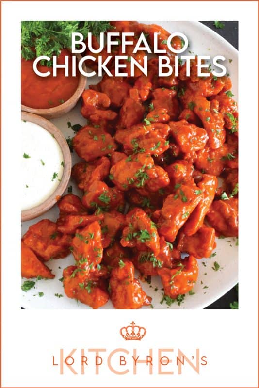 Dredged in a seasoned flour and fried until golden brown, Buffalo Chicken Bites are tossed with a quick and easy homemade buffalo sauce! Serve with your favourite ranch dipping sauce and veggies sticks. These are great as an appetizer for game day! #buffalo #buffalosauce #chicken #spicy #franks #bites #sauce