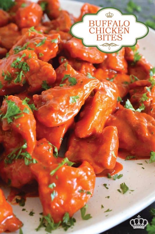 Dredged in a seasoned flour and fried until golden brown, Buffalo Chicken Bites are tossed with a quick and easy homemade buffalo sauce! Serve with your favourite ranch dipping sauce and veggies sticks. These are great as an appetizer for game day! #buffalo #buffalosauce #chicken #spicy #franks #bites #sauce