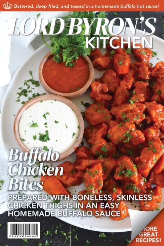 Dredged in a seasoned flour and fried until golden brown, Buffalo Chicken Bites are tossed with a quick and easy homemade buffalo sauce! Serve with your favourite ranch dipping sauce and veggies sticks. These are great as an appetizer for game day! #buffalo #buffalosauce #chicken #spicy #franks #bites #sauce